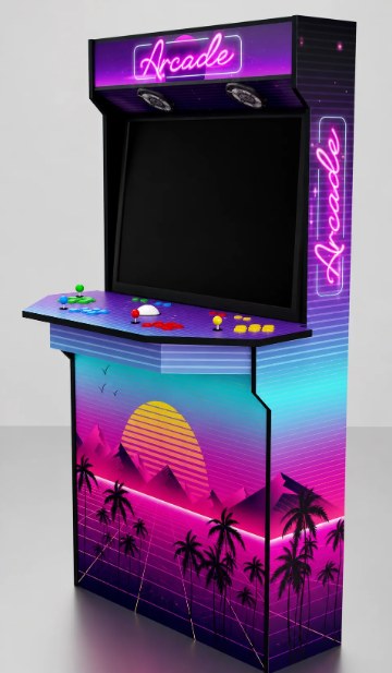 Arcade cabinet with a custom sunset and palm tree wrap